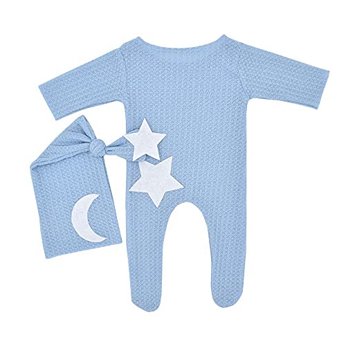 Anevous Neugeborenes Baby Fotografie Requisite Outfits mit Sternen und Mond,Newborn Bodysuit Romper,Säugling Baby Foto Requisiten Outfits Bekleidung,Fotoshooting Stricken Strampler Hut Set,Blau von Anevous