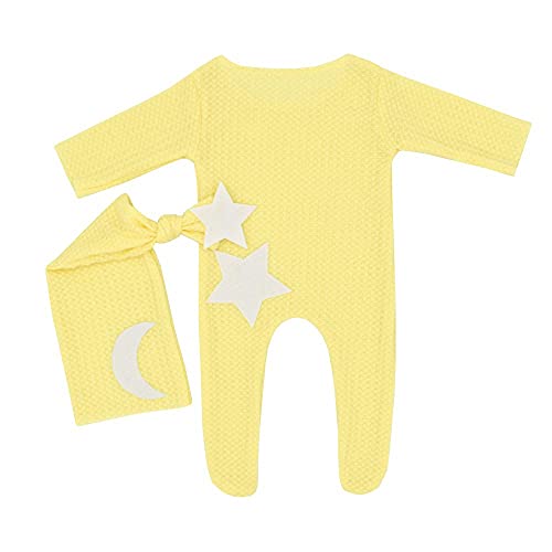 Anevous Neugeborenes Baby Fotografie Requisite Outfits mit Sternen und Mond,Newborn Bodysuit Romper,Säugling Baby Foto Requisiten Outfits Bekleidung,Fotoshooting Stricken Strampler Hut Set,Gelb von Anevous