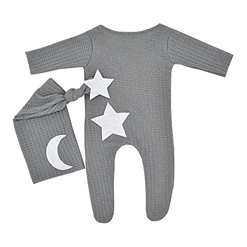 Anevous Neugeborenes Baby Fotografie Requisite Outfits mit Sternen und Mond,Newborn Bodysuit Romper,Säugling Baby Foto Requisiten Outfits Bekleidung,Fotoshooting Stricken Strampler Hut Set,Hellgrau von Anevous
