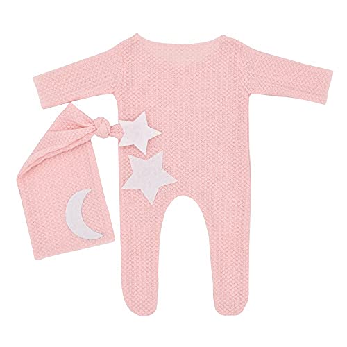Anevous Neugeborenes Baby Fotografie Requisite Outfits mit Sternen und Mond,Newborn Bodysuit Romper,Säugling Baby Foto Requisiten Outfits Bekleidung,Fotoshooting Stricken Strampler Hut Set,Hellrosa von Anevous