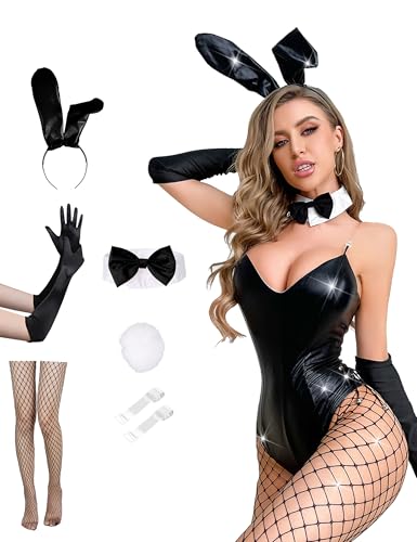Angelaicos Damen Bunny Kostüm Set Senpai Cosplay Halloween Rollenspiel Bodysuit Strümpfe (PU-Schwarz, XXX-Large) von Angelaicos