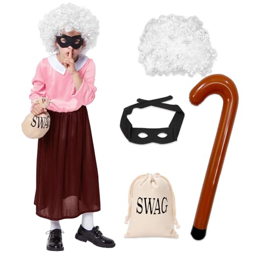Angenster 5-teiliges Kostüm für alte Dame für Mädchen, Welttag Kostüme mit Räuberbrille und aufblasbarer Krücke, Großmutter Verkleidung für Welttag Outfit (Kinder, 150) von Angenster