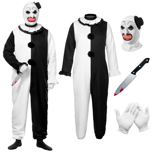 Angenster Art The Clown Kostüm Set, Halloween Kostüm Herren Horror Kostüm Terifier Outfit mit Clown Maske Handschuhe Blutig Accessoire, Horror Movie Killer Kostüm für Halloween Karneval (Herren, L) von Angenster