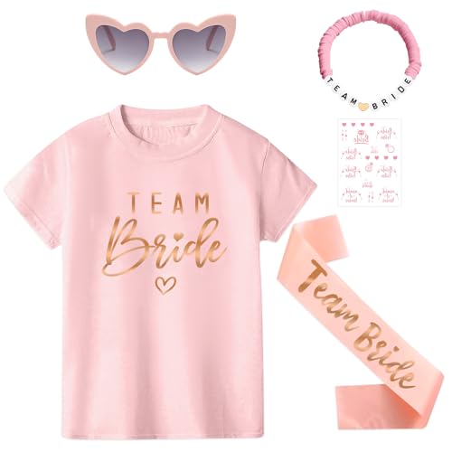 Angenster BRIDE T-Shirt-Set, Inklusive Champagner-goldenem T-Shirt, Schultergurt, Armband, Sonnenbrille, Tattoo-Aufklebern (Rosa-UK, M) von Angenster