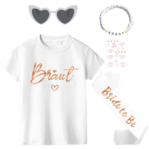 Angenster BRIDE T-Shirt-Set, Inklusive Champagner-goldenem T-Shirt, Schultergurt, Armband, Sonnenbrille, Tattoo-Aufklebern (Weiß-DE, S) von Angenster