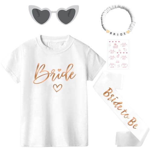 Angenster BRIDE T-Shirt-Set, Inklusive Champagner-goldenem T-Shirt, Schultergurt, Armband, Sonnenbrille, Tattoo-Aufklebern (Weiß-UK, L) von Angenster