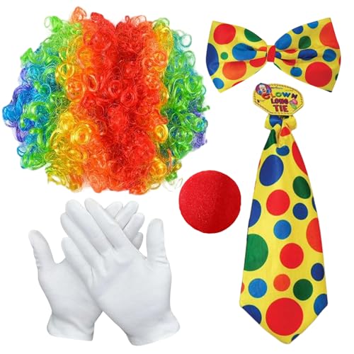 Angenster Clown Kostüm Accessoire, 5-Teiliges Clown KostüM Set Mit Bunter Clown-PerüCke, Clown Nase, Fliege, Krawatte und Handschuhen Zirkus Kostüm Für Karneval, Ostern, Damen und Herren Angenster Clown Kostüm Accessoire, 5-Teiliges Clown KostüM Set Mit Bunter Clown-PerüCke, Clown Nase, Fliege, Krawatte und Handschuhen Zirkus Kostüm Für Karneval, Ostern, Damen und Herren von Angenster
