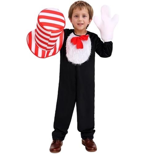 Angenster Dr. Seuss Kostüm Crazy Cat Fancy Dress Jumpsuit für Kinder, Katze in Hut, Kostüm mit Einteiler, Handschuhen, Hut, Welttag des Buches, Katzenkostüm für Kinder (Kinder, M) von Angenster