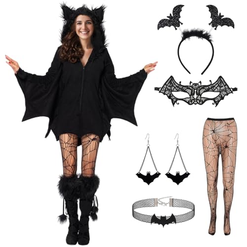 Angenster Fledermaus Kostüm Damen, 6 Pcs Halloween Kostüm Damen Fledermäuse Cosplay Hexen Outfit mit Kapuze Maske Netzstrümpfe Stirnband Ohrringe Kragen, Bat Vampir kostüm für Erwachsene (Damen, XXL) Angenster Fledermaus Kostüm Damen, 6 Pcs Halloween Kostüm Damen Fledermäuse Cosplay Hexen Outfit mit Kapuze Maske Netzstrümpfe Stirnband Ohrringe Kragen, Bat Vampir kostüm für Erwachsene (Damen, XXL) von Angenster
