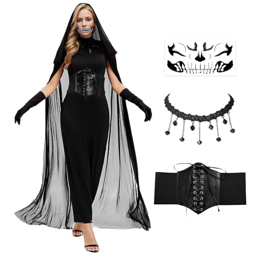 Angenster Geisterbraut Kostüm Damen, Halloween Kostüm Damen Gruselig Schwarz Hexenkostüm Damen mit Umhang Korsett Halsketten Handschuhe Tattoos, Horror Braut Kostüm Damen für Halloween (Schwarz, XL) Angenster Geisterbraut Kostüm Damen, Halloween Kostüm Damen Gruselig Schwarz Hexenkostüm Damen mit Umhang Korsett Halsketten Handschuhe Tattoos, Horror Braut Kostüm Damen für Halloween (Schwarz, XL) von Angenster