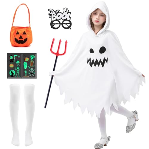 Angenster Gespenst Kostüm Kinder, Halloween Kostüm Kinder Weißes Geist Umhang mit Brille Teufelsgabel Beket Strümpfe Aufkleber, Gruselig Geister Kostüm Kinder Ghost Fancy Dress, 2 Farben (Weiß, XS) Angenster Gespenst Kostüm Kinder, Halloween Kostüm Kinder Weißes Geist Umhang mit Brille Teufelsgabel Beket Strümpfe Aufkleber, Gruselig Geister Kostüm Kinder Ghost Fancy Dress, 2 Farben (Weiß, XS) von Angenster