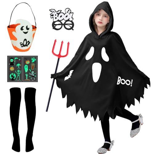 Angenster Gespenst Kostüm Kinder, Halloween Kostüm Kinder Weißes Geist Umhang mit Brille Teufelsgabel Beket Strümpfe Aufkleber, Gruselig Geister Kostüm Kinder Ghost Fancy Dress, 2 Farben (Schwarz, XS) Angenster Gespenst Kostüm Kinder, Halloween Kostüm Kinder Weißes Geist Umhang mit Brille Teufelsgabel Beket Strümpfe Aufkleber, Gruselig Geister Kostüm Kinder Ghost Fancy Dress, 2 Farben (Schwarz, XS) von Angenster