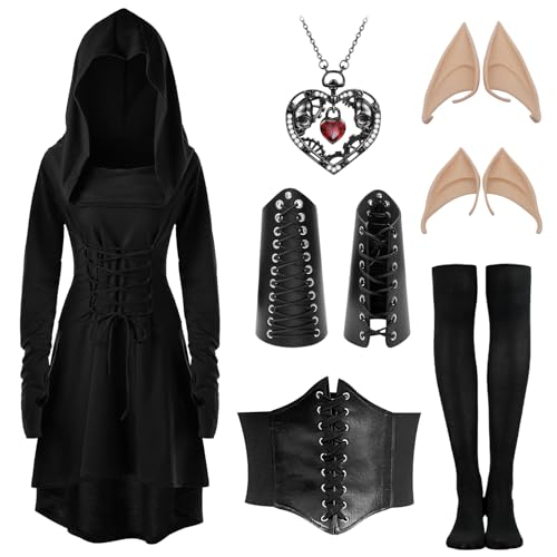 Angenster Gothic Kleid Damen Set, Mittelalter Kleidung Damen Renaissance Kleid mit Kapuze Korsett Gürtel Armschienen Halskette Elfenohren Strumpf, Gothic Kostüm für Halloween Karneval (Schwarz, XL) Angenster Gothic Kleid Damen Set, Mittelalter Kleidung Damen Renaissance Kleid mit Kapuze Korsett Gürtel Armschienen Halskette Elfenohren Strumpf, Gothic Kostüm für Halloween Karneval (Schwarz, XL) von Angenster