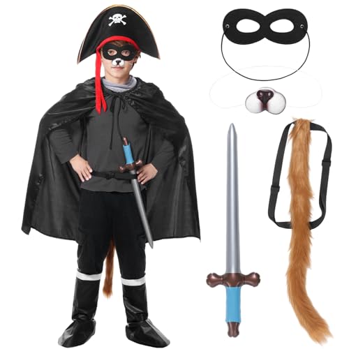 Angenster Katzenkostüm Bandit für Kinder und Erwachsene, Welttag des Buches, Katzenkostüm mit schwarzem Dreihornhut, schwarzer Umhang, Augenmaske, schwarzes Katzenkostüm für Weltbuchtag Outfit von Angenster