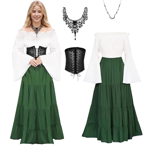 Angenster Kleid Mittelalter Kostüm Damen set, Renaissance Kleid Damen Karneval Kostüm Gothic Kleider mit Kopf Kette Halsketten, Grüner Vintage Kleider Mittelalter Outfit Damen für Karneval (XXL) von Angenster