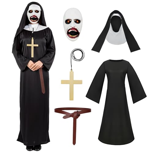 Angenster Nonnen Kostüm Damen, Halloween Kostüm Damen Nun Kostüm Set Nonne Outfit mit Haube Scary Maske Kreuz Halskette Gürtel, Horror Nonne Kostüm für Halloween Karneval (Schwarz, M) von Angenster