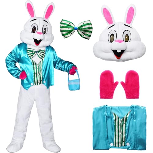 Angenster Osterhase Kostüm für Erwachsene, Ostern Party Hase Cartoon Kostüm Hasen-Kostüm mit Blaue Weste Fliege und Korb, Maskottchen-Kostüm Fancy Dress für Ostern Maskerade (Stil B, F) von Angenster