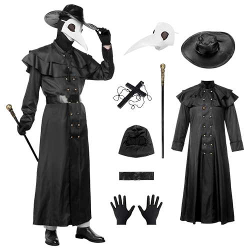 Angenster Pest Doktor Cosplay Set, Mittelalter Outfits Pest Arzt Kostüm mit Vogelmaske Handschuhe Hand Cane Halskette Ledertasche, Steampunk Kleid Halloween Kostüm für Erwachsene (Damen, XXL) von Angenster