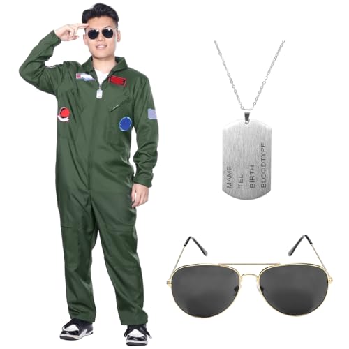 Angenster Pilot Kostüm Set für Erwachsene, Piloten Kostüm Herren Kampfjet Pilot Kostüm Flieger Outfit mit Overall Handschuhe Halsketten Brille, Pilotenanzug Uniform für Karneval Halloween (Grün, S) Angenster Pilot Kostüm Set für Erwachsene, Piloten Kostüm Herren Kampfjet Pilot Kostüm Flieger Outfit mit Overall Handschuhe Halsketten Brille, Pilotenanzug Uniform für Karneval Halloween (Grün, S) von Angenster