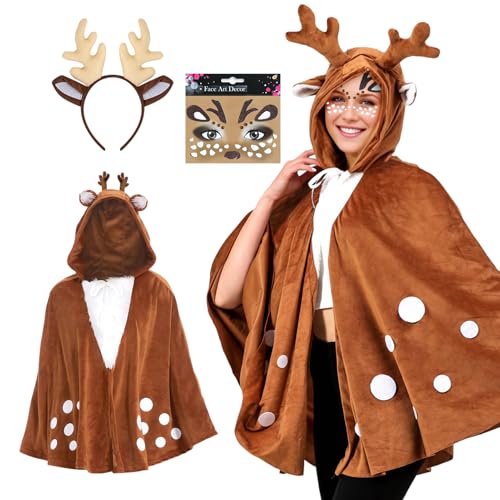 Angenster Rentier Cape Kostüm Set, 3 Stück Damen Geweih Kostüm Rentier Karneval Damenkostüm mit Rentier Ohren und Reh Cape Aufkleber, Reh Kostüm Damen für Karneval Halloween Cosplay von Angenster