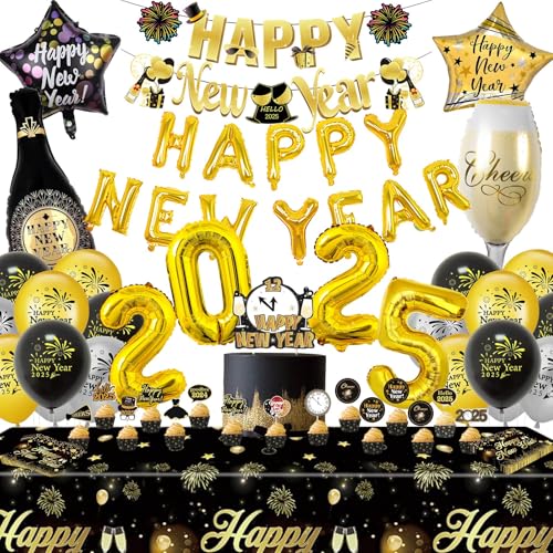 Angenster Silvesterdekorationen 2025, 63 Stück Silvesterpartyzubehör mit Happy New Year Banner Schwarz und Gold Luftballons Tischdecke Schwarz, Neujahrsdekorationen 2025 für Silvester Angenster Silvesterdekorationen 2025, 63 Stück Silvesterpartyzubehör mit Happy New Year Banner Schwarz und Gold Luftballons Tischdecke Schwarz, Neujahrsdekorationen 2025 für Silvester von Angenster