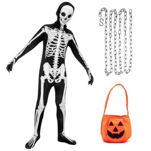 Angenster Halloween Skelett Kostüm für Kinder - Onesie Dark Sensenmann Mit Maske, Eimer und Kette - für Jungen und Mädchen (Stil A, 140) Angenster Halloween Skelett Kostüm für Kinder - Onesie Dark Sensenmann Mit Maske, Eimer und Kette - für Jungen und Mädchen (Stil A, 140) von Angenster