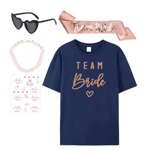 Angenster T-Shirt-Set für das Brautteam, T-Shirts für Junggesellinnenabschiede, Braut, Brautjungfern, champagner-goldene Wärmeübertragungs-T-Shirts (Blau-UK, M) von Angenster