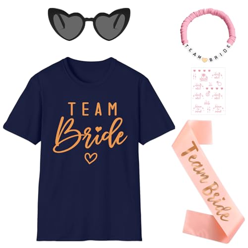 Angenster Jga Shirt Frauen Team Bride TShirt Set, Junggesellenabschied T-shirt mit Schärpe Armbänder Herzförmige Brille Aufkleber, Bride to Be Tshirt Team Braut Shirt für Hochzeit (Blau-UK, XL) von Angenster