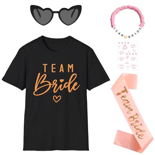 Angenster Jga Shirt Frauen Team Bride TShirt Set, Junggesellenabschied T-shirt mit Schärpe Armbänder Herzförmige Brille Aufkleber, Bride to Be Tshirt Team Braut Shirt für Hochzeit (Schwarz-UK, XL) von Angenster
