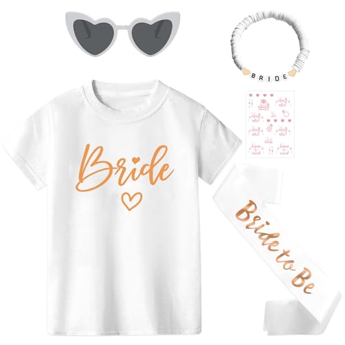 Angenster Jga Shirt Frauen Team Bride TShirt Set, Junggesellenabschied T-shirt mit Schärpe Armbänder Herzförmige Brille Aufkleber, Bride to Be Tshirt Team Braut Shirt für Hochzeit (Weiß-UK, XXL) von Angenster