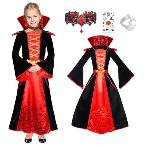 Angenster Vampir Kostüm Mädchen, Halloween Kostüm Mädchen Vampir Kostüm Kinder Gothic Kleid mit Vampir Zähne Halskette Aufkleber, Royal Vampir Outfit Hexenkostüm für Halloween Karneval (Rot, 10-12Y) Angenster Vampir Kostüm Mädchen, Halloween Kostüm Mädchen Vampir Kostüm Kinder Gothic Kleid mit Vampir Zähne Halskette Aufkleber, Royal Vampir Outfit Hexenkostüm für Halloween Karneval (Rot, 10-12Y) von Angenster