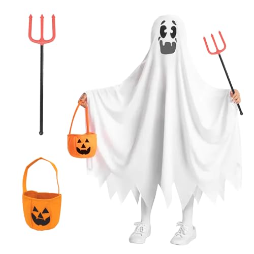 Angenster Weißes Gespenst Kostüm Kinder, Halloween Ghost Cosplay Geister Mit Umhang Teufelsgabel Kürbiskorb, Scary Geist für Süßes oder Saures Angenster Weißes Gespenst Kostüm Kinder, Halloween Ghost Cosplay Geister Mit Umhang Teufelsgabel Kürbiskorb, Scary Geist für Süßes oder Saures von Angenster