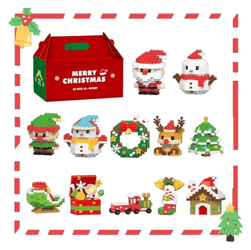 Weihnachtsmann-Design-Baustein-Sets, weihnachtliche Baustein-Dekorationen, Mini-Baufiguren, Weihnachtsbäume, Weihnachts-, Neujahrs- und Geburtstagsgeschenke, Partygeschenke (12 Stück) von AngloCrate