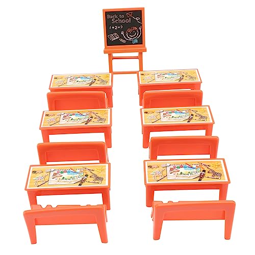 Angoily 13 Stück Miniatur Klassenzimmer Möbelset Teiliges Holzmodell mit Tafel Schreibtisch und Stühlen für Kreative Spielszene für Puppenhaus und von Angoily