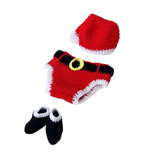 Angoily 3 Stück Handgestricktes Fotorequisiten Set Teilig Weihnachten Neugeborenen Outfit mit Mütze Hose Schuhe für Junge Mädchen Festlich Warm und Niedlich von Angoily