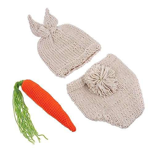 Angoily Fotoshooting Kostüm Set Monate Handgestricktes Hasen Outfit mit Karotten Requisiten Weiche Kleidung für Neugeborene Jungen Mädchen Fotorequisiten von Angoily