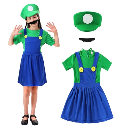 Aniepaa Mario Kostüm Kinder, Luigi Kostüm Kinder, Faschingskostüme Kinder, Karneval Kostüm Herren Cosplay Mario Kostüm mit Luigi Mütze und Schnurrbart für Herren Damen Jungen Mädchen (Grün, L) von Aniepaa