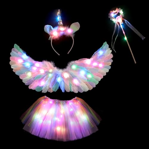 Einhorn Kostüm Mädchen, Faschingskostüme Kinder, LED Kostüm mit Federflügel Einhorn Haarreif Zauberstab Tutu Tüllrock für Karneval Cosplay Geburtstag Party Fasching, Einhorn Geschenke für Mädchen Einhorn Kostüm Mädchen, Faschingskostüme Kinder, LED Kostüm mit Federflügel Einhorn Haarreif Zauberstab Tutu Tüllrock für Karneval Cosplay Geburtstag Party Fasching, Einhorn Geschenke für Mädchen von Aniepaa