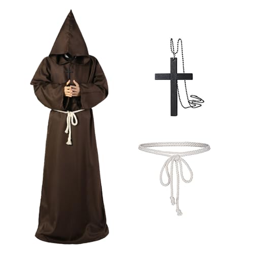 Mönch Kostüm Herren mit Kapuze Kreu, Faschingskostüme Männer, Karneval Kostüm Herren, Herren Cosplay Kapuzen Robe Gewand Mönchskutte Kostüm für Karneval, Mittelalterliche, Renaissance (Braun, S) von Aniepaa
