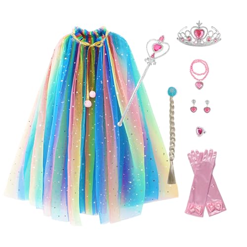 Prinzessinnen-Umhang-Set, 10-teilig, Verkleidungszubehör, Party, Cosplay, Umhang, Kostüme mit Schmuck, Tiara, Krone, Zauberstab, Perücke, Golf, für kleine Mädchen, Regenbogenfarben Prinzessinnen-Umhang-Set, 10-teilig, Verkleidungszubehör, Party, Cosplay, Umhang, Kostüme mit Schmuck, Tiara, Krone, Zauberstab, Perücke, Golf, für kleine Mädchen, Regenbogenfarben von Anievoro