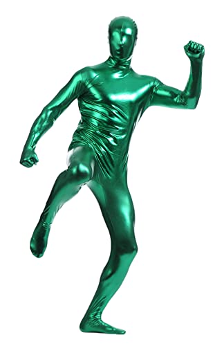 Aniler Unisex Metallic Glänzender Reißverschluss Zentai Stretchy Kostüm Cosplay Ganzkörper (X-Large, Grün) von Aniler