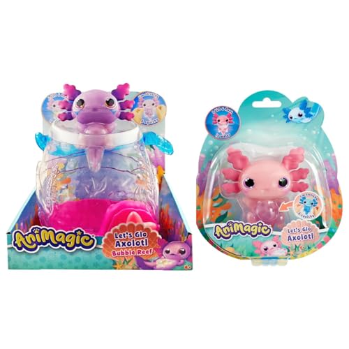 Animagic - Set 1 Aquarium Axolotl Violett + 1 Axolotl Rosa - Leuchtendes Elektronisches Haustier - Für Kinder ab 4 Jahren - Dehnbarer Körper - Aquarium zum Transport der Axolotl von Animagic
