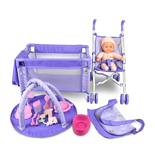ANIVIA Babypuppenwagen - Zubehörset für Babypuppen, bestehend aus Puppenwagen, Puppenwiege, Spielmatte, Rollenspielset für das Kinderzimmer Violett von ANIVIA
