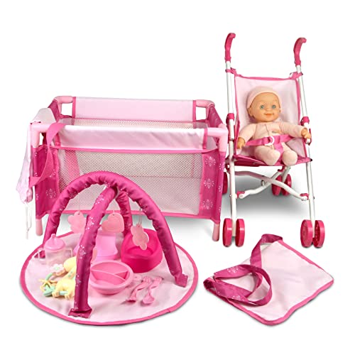 ANIVIA 5PCs Baby Puppe Kinderwagen Set mit Baby Puppe Zubehör Set beinhaltet Puppe Kinderwagen/Puppe Krippe/Spielmatte/Fütterungsspielzeug/Windel Tasche von ANIVIA