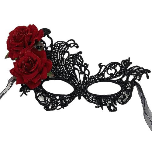 Aniyan Maskerade Maske Damen Herren, Venezianische Maske aus Spitze, Dicke Augenmaske mit Doppelsatinbändern für Karneval Halloween Weihnachten Party (Schwarz-Rosa) von Aniyan