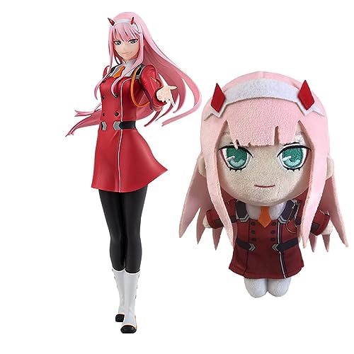 Anjinguang Darling in the FranXX Figur 17,5 cm Zero Two Actionfigur + 25 cm Zero Two Plüsch-Set, Anime 02 Charakter Sammlerfigur Desktop-Modell Plushie Geschenke für Fans von Anjinguang