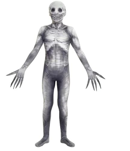 Anjinguang Skelett Halloween Kostüm für Kinder Erwachsene Skelett Grau Zombie Jumpsuit Onesie Scary Skull Bone Catsuit Bodysuit Mardi Gras Ostern Dress up Outfit von Anjinguang