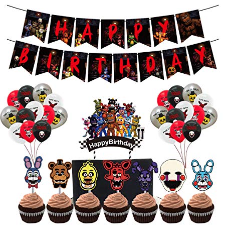 Kindergeburtstagsfeier Zubehör, FNAF-Geburtstagsbanner, 1 Luftballons, 1 großer Kuchendeckel, 7 FNAF-Charakterkuchenaufsätze, 24-teilige Luftballons - FNAF-Themenparty begünstigt Dekorationen Kindergeburtstagsfeier Zubehör, FNAF-Geburtstagsbanner, 1 Luftballons, 1 großer Kuchendeckel, 7 FNAF-Charakterkuchenaufsätze, 24-teilige Luftballons - FNAF-Themenparty begünstigt Dekorationen von Anjinguang