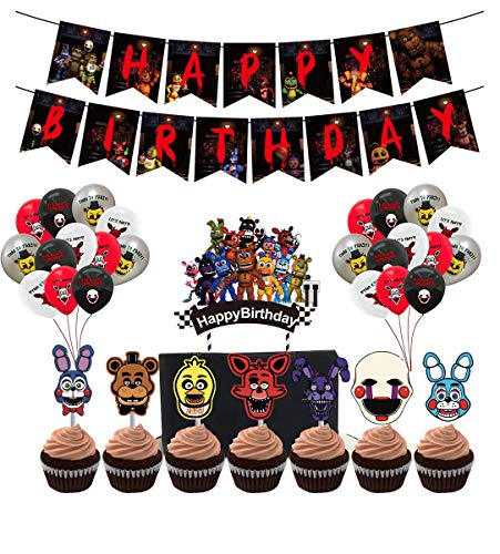 Kindergeburtstagsfeier Zubehör, FNAF-Geburtstagsbanner, 1 Luftballons, 1 großer Kuchendeckel, 7 FNAF-Charakterkuchenaufsätze, 24-teilige Luftballons - FNAF-Themenparty begünstigt Dekorationen von Anjinguang