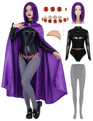 Halloween-Kostüme für Erwachsene, violetter Kapuzenumhang mit Perücke, Bodysuit, Gürtel, Edelstein, Anime, Cosplay, Party-Outfit, AJ002S von Anjite